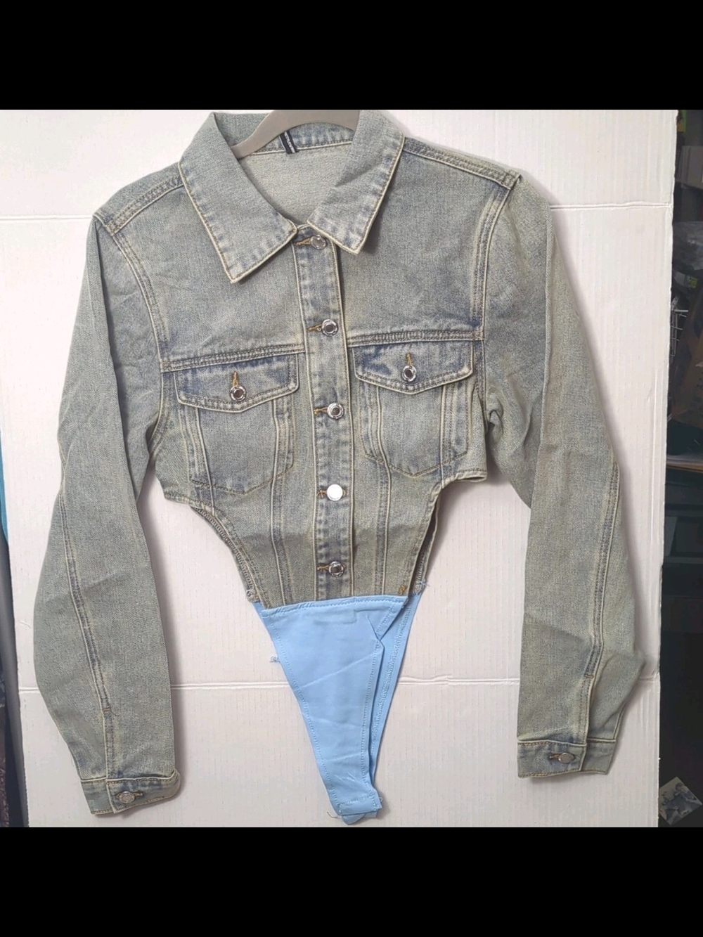 Light Blue Wash Pocket Front Denim Jacket High Side Bodysuit-  US 6